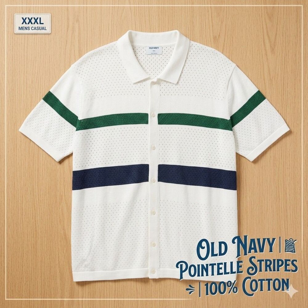 Old Navy Men's Size 3XL Retro Knit Pointelle Polo Mesh Cardigan Button Up Shirt